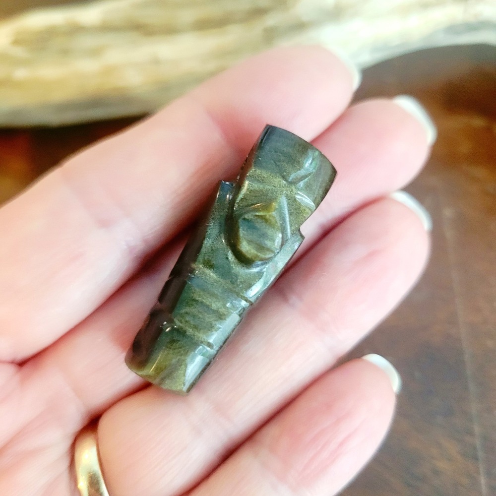 Vintage Golden Sheen Obsidian Tiki Pendant Carved Stone Amulet